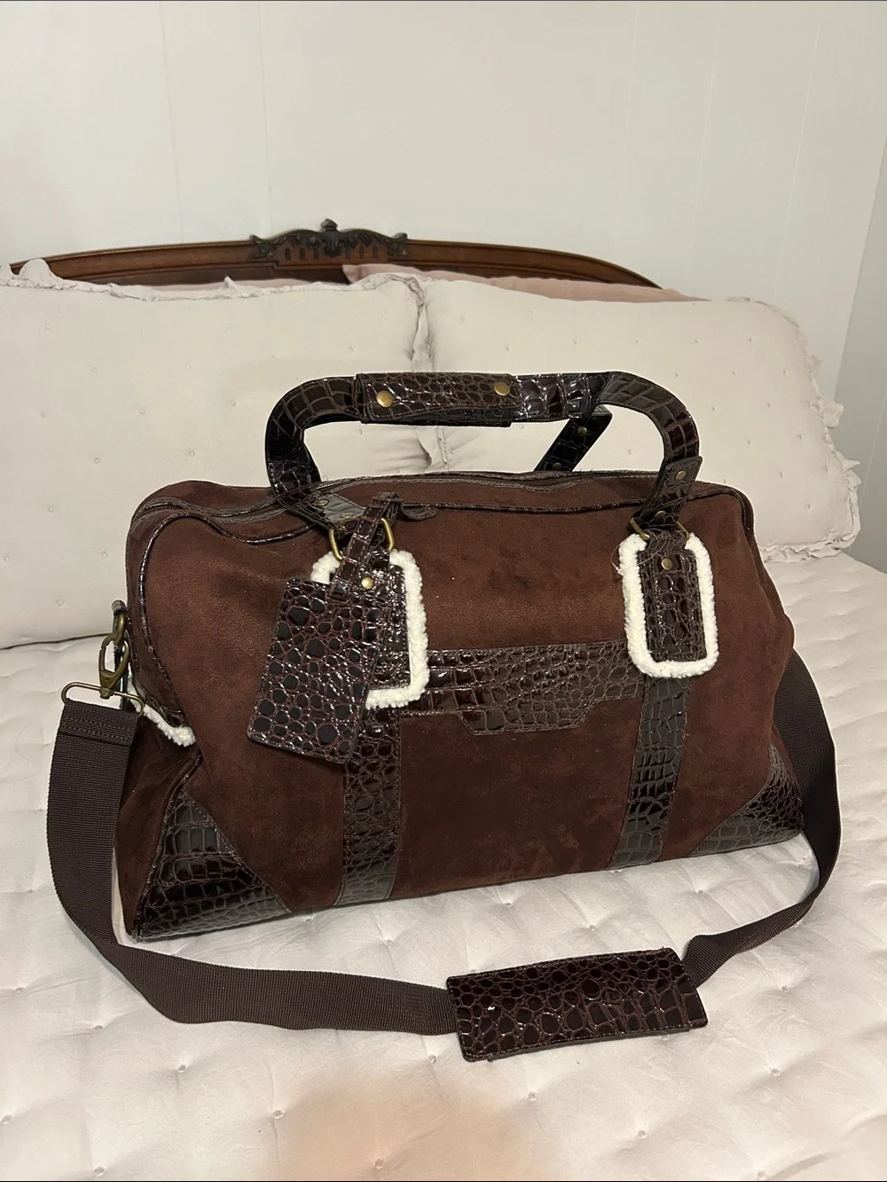 Bath & Body Works Brown Suede Duffel Bag with Croc Trim and White Fur — OS